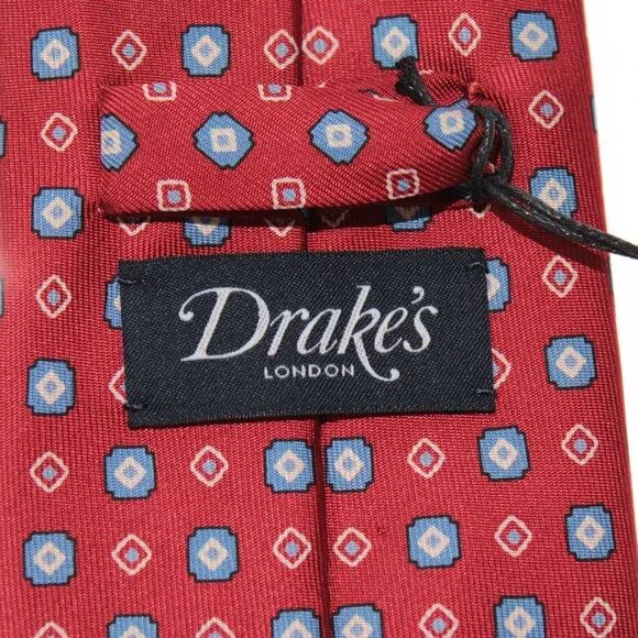 Drake's NWT Neck Tie in Red with Light Blue & White Geometric Pattern 100% Silk